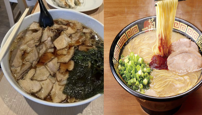 이시바 시게루 일본 총리가 공개한 라멘 사진(왼쪽)과 일본 라멘 프랜차이즈 이치란의 돈코츠라멘. X캡처