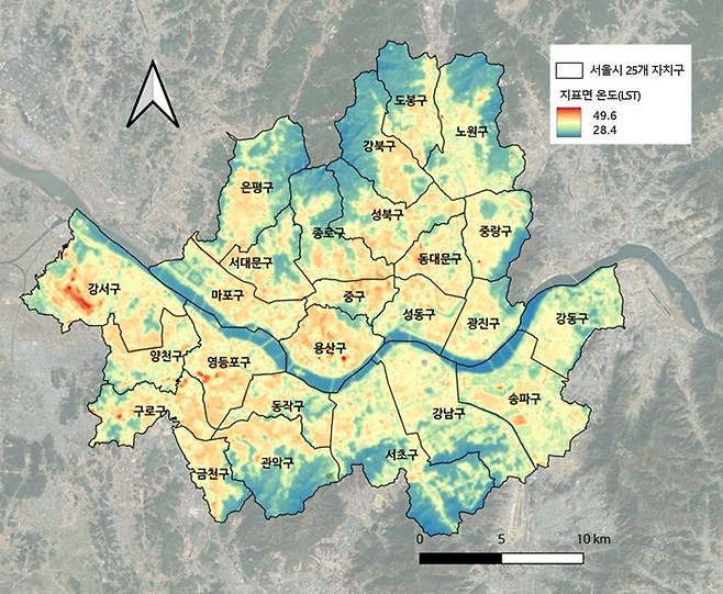 랜드샛 영상 분석에 따른 서울시 25개 자치구의 지표면 온도. 산림청 제공