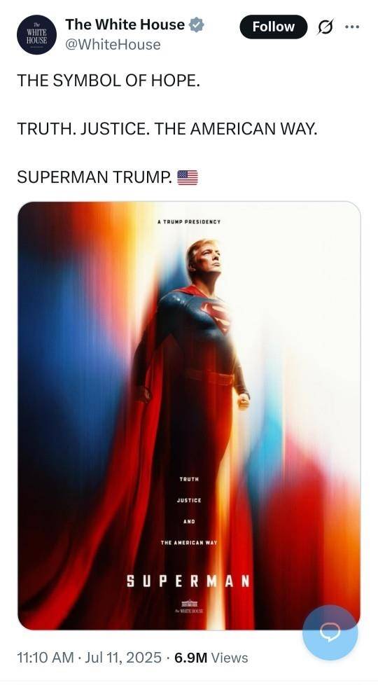 트럼프 대통령의 '슈퍼맨' 이미지. 미 백악관 엑스 캡처