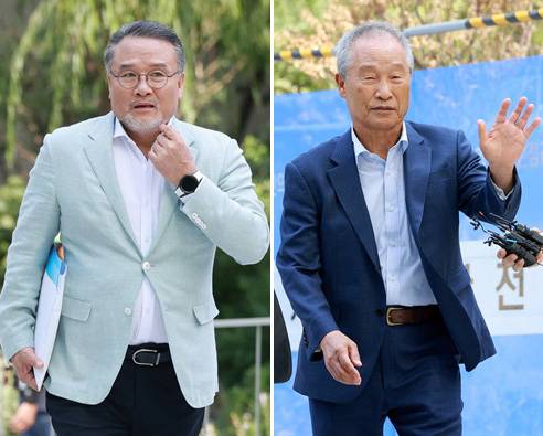 이일준 삼부토건 회장(왼쪽)과 조성옥 전 삼부토건 회장이 7월10일 김건희 여사 관련 의혹을 수사 중인 민중기 특별검사팀의 조사를 받기 위해 서울 종로구 KT광화문빌딩 웨스트에 마련된 특검 사무실에 출석하고 있다. ⓒ 연합뉴스