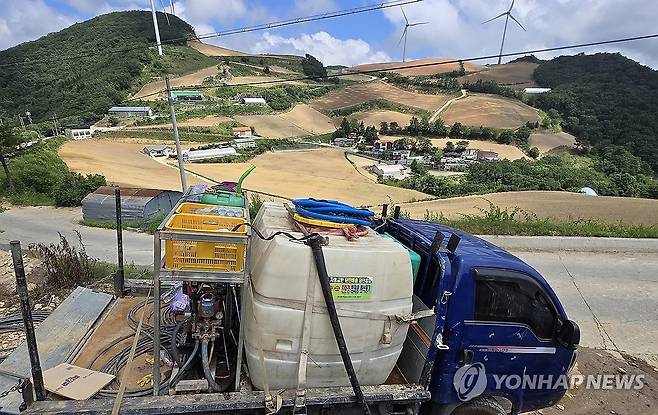 고랭지 배추밭에 등장한 물차…강릉 안반데기 (강릉=연합뉴스) 유형재 기자 = 11일 국내 최대의 고랭지 채소단지인 강원 강릉시 왕산면 안반데기에 물차가 동원돼 배추밭에 물을 주고 있다. 2025.7.11 yoo21@yna.co.kr