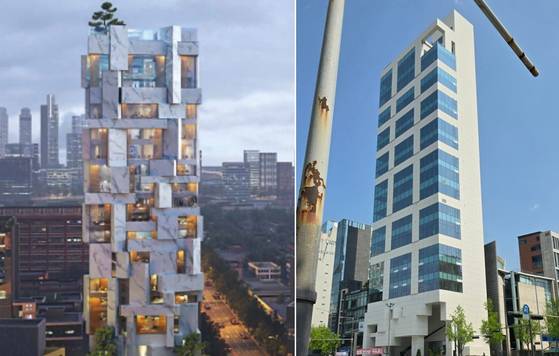 한 시행사가 하이엔드 오피스텔을 표방하며 선보였던 조감도(왼쪽)와 서울 강남구 청담동에 실제로 들어선 건물. [사진 디아드 청담 홈페이지, 네이버 캡쳐]