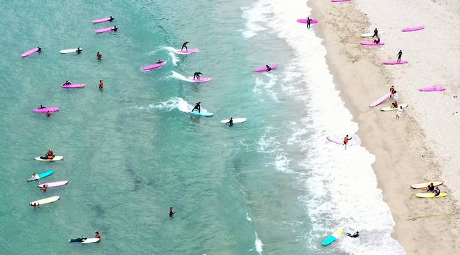 강원 양양군 현남면 인구 해수욕장을 찾은 시민들이 서핑을 즐기고 있다./사진=뉴스1