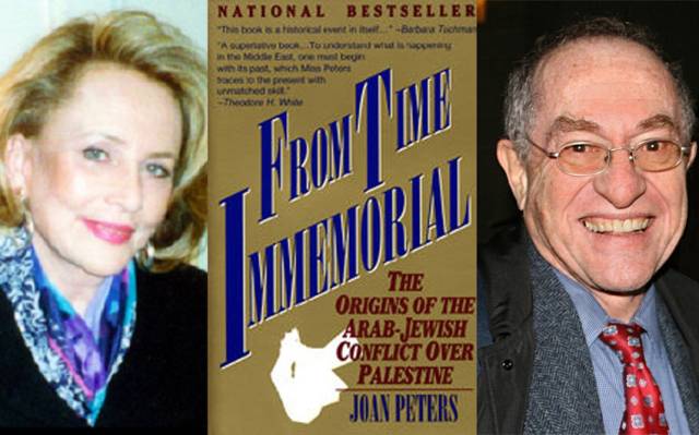 ▲ 미 방송작가 조안 피터스(왼쪽)과 문제의 책 <태곳적부터>, 하버드대 법대 교수이자 변호사인 앨런 더쇼비츠(오른쪽). 이 둘은 핀켈슈타인의 비판 대상이 됐다. Ⓒ위키미디어