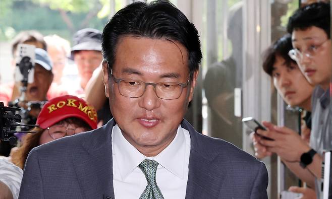 김태효 전 국가안보실 1차장이 11일 오후 서울 서초구 순직 해병 특별검사팀 사무실로 출석하고 있다. 뉴시스