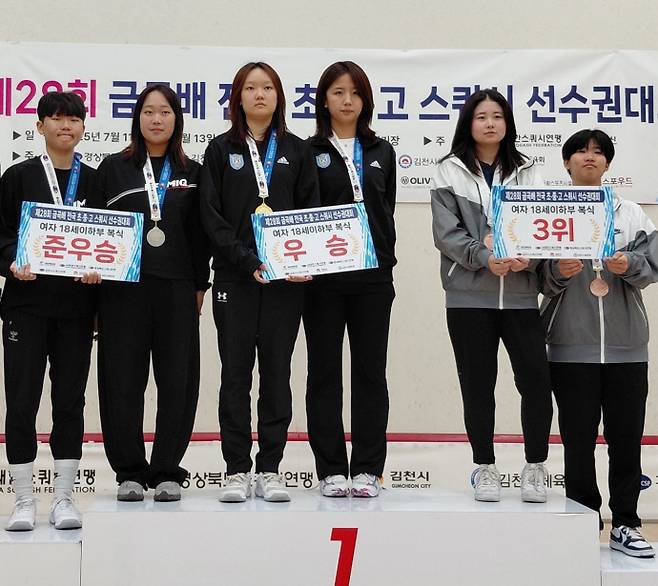 13일 경북 김천스쿼시경기장에서 열린 제28회 금곡배 전국 초중고 스쿼시 선수권대회 여고부 복식서 우승한 강연아·임수아(사진 가운데·남양주 오남고) 조가 시상대 위에서 기념사진을 찍고 있다. 사진=오남고등학교