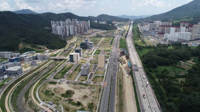 사송신도시 하이패스 IC 설치시업이 오는 2027년 상반기 중에 착공돼 2029년 완공되는 사송신도시 전경. 양산시 제공