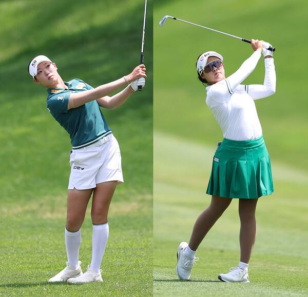 2025년 한국여자프로골프(KLPGA) 투어 하이원리조트 여자오픈 우승을 차지한 방신실 프로와 준우승한 김민주 프로가 최종라운드에서 경기하는 모습이다. 사진제공=KLPGA