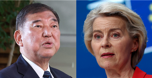 이시바 시게루 일본 총리(왼쪽)와 우르줄라 폰데어라이엔 유럽연합(EU) 집행위원장. AFP·로이터연합뉴스 갈무리