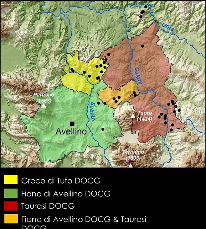 마스트로베라르디노 품종별 DOCG 위치. 홈페이지