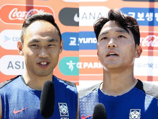 문선민(왼쪽)과 나상호는 잠시 내려놓았던 월드컵을 향한 꿈을 다시 키우고 있다. 15일 용인미르스타디움에서 열릴 E-1 챔피언십 한일전은 더 없이 중요한 쇼케이스다. 12일 성남종합운동장에서 진행된 대표팀 훈련을 마친 뒤 인터뷰하는 모습. 사진제공｜대한축구협회