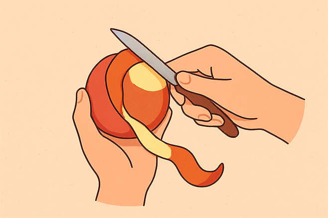 사과 껍질을 깎는 손