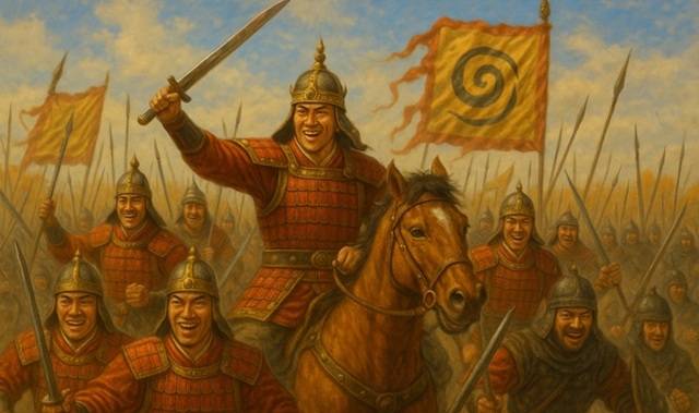 인공지능 AI가 그린 비담의 난을 평정하고 마지막 공격을 하고 있는 김유신 장군과 병사들.