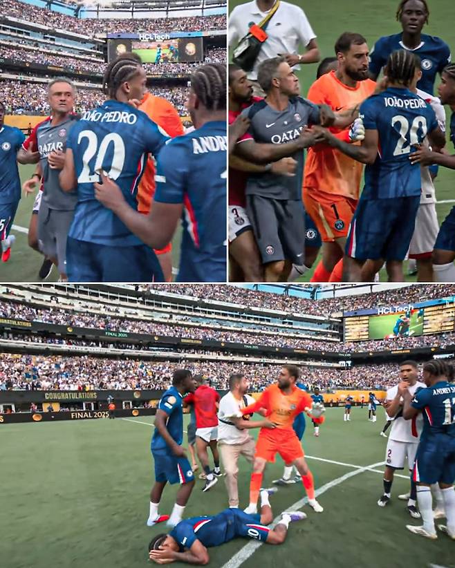 14일 미국 뉴저지주 메트라이프 스타디움에서 끝난 2025 FIFA 결승전 뒤 첼시, PSG 선수단이 몸싸움을 벌이고 있다. 엔리케 PSG 감독은 첼시 페드루의 목을 밀쳐 논란이 됐다. 사진=ESPN SNS