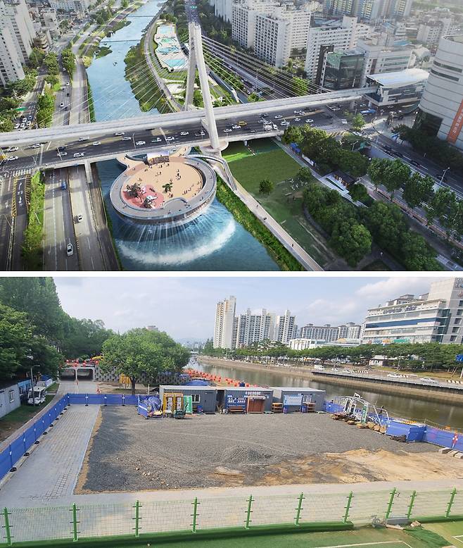 대구 ‘신천 프러포즈 조성사업’ 조감도(위쪽)와 도심 하천인 신천 대봉교 하류 방향 좌안 둔치의 공사 현장. 대구시 제공