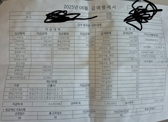 자신을 11년차 환경미화원이라고 밝힌 한 남성은 각종 세금과 보험료를 떼고도 542만7290원(세전 652만9930원)을 받았다는 내용의 명세서를 인증했다. [사진 출처 = 온라인커뮤니티]