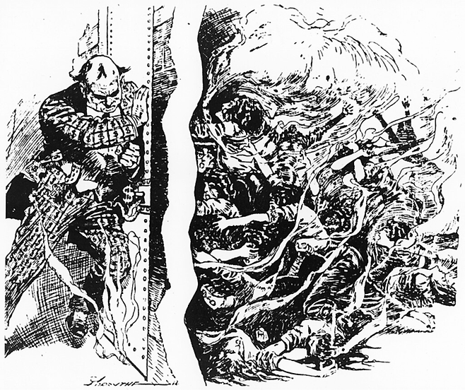 트라이앵글 의류공장 화재를 다룬 1911년 만평. 달러로 된 옷을 입고 있는 공장주가 문을 막고 있고, 안쪽에선 노동자들이 화염과 연기 속에서 죽어가고 있다. [사진 출처=코넬대학교 Kheel Center, 공공 저작물]