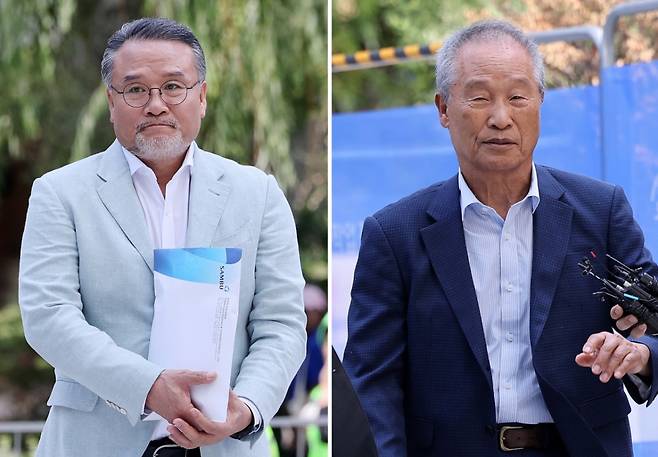 이일준 삼부토건 회장(사진 왼쪽)과 조성옥 전 삼부토건 회장이 지난 10일 오전 서울 종로구 윤석열 전 대통령의 부인 김건희 여사 관련 의혹을 수사하는 민중기 특별검사팀 사무실에 조사를 받기 위해 출석하고 있다.  김건희 특검은 삼부토건 주가조작 의혹과 관련해 수사 개시 직후부터 삼부토건 본사 등을 압수수색하고 관계자 소환를 잇따라 소환하고 있다.  /사진=뉴스1