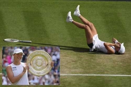 클레이코트에 강한 시비옹테크, 잔디구장서 첫 우승 …  두 세트 다 6-0으로 이겨 - 여자 테니스 세계 4위 이가 시비옹테크(폴란드)가 13일(한국시간) 영국 런던 올잉글랜드클럽에서 열린 메이저대회 윔블던 여자 단식 결승에서 어맨다 아니시모바(12위·미국)를 57분 만에 2-0(6-0 6-0)으로 완파하며 우승을 확정 지은 뒤 잔디 코트에 누워 기쁨의 눈물을 흘리고 있다. 윔블던 여자단식 결승에서 상대에게 한 게임도 내주지 않고 우승한 건 1911년 도로세 체임버스(영국) 이후 114년 만이다. 테니스에서는 한 세트가 6-0으로 끝나는 것을 두고 모양이 닮았다는 이유로 ‘베이글 세트’라 부르는데 시비옹데크는 이날 ‘더블 베이글 세트’로 생애 첫 윔블던 우승 트로피(작은 사진)를 들어 올렸다. 또 현역 중 클레이(프랑스오픈)·하드(US오픈)·잔디(윔블던) 코트 메이저 단식을 모두 제패한 유일한 여자 선수가 됐다. 런던 AP 연합뉴스