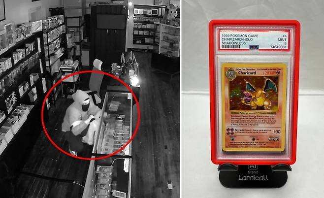 고가의 포켓몬 카드를 훔치고 있는 도둑(왼쪽)과 그가 훔친 카드 중 하나. 이는 BGS 9 골드 스타 리자몽 카드로 시세는 최소 2760만 원에서 최대 4140만원에 형성돼 있다. 출처=퍼스트 에디션 컬렉터블스 페이스북