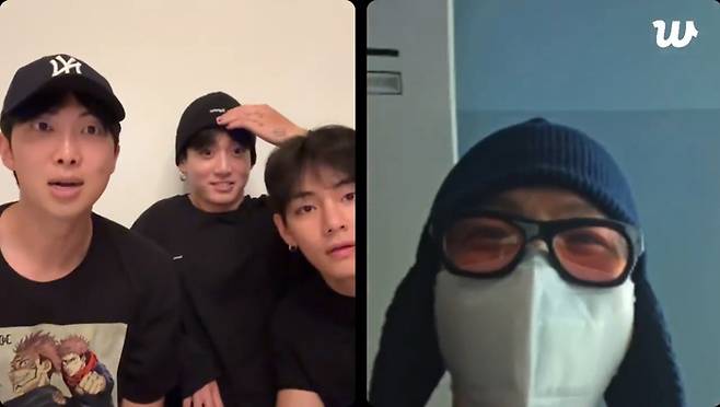 BTS RM-정국-뷔-제이홉. ‘위버스’ 라이브 방송 캡쳐.