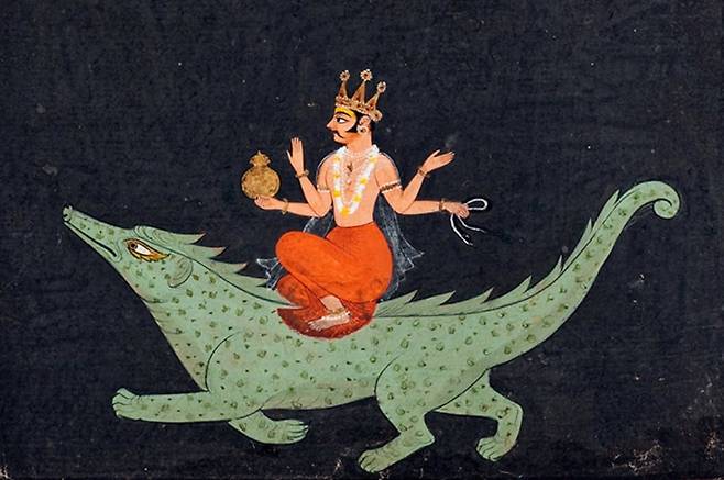 힌두교 그림에 등장하는 가비알. 가비알은 고대 인도인들로부터 신성한 동물로 여겨졌다고 한다./Madras Courier