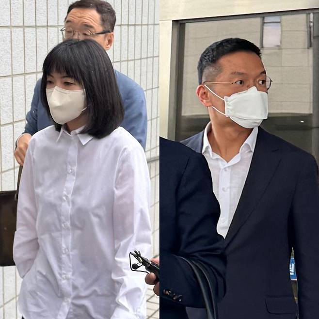 15일 서울남부지방법원에서 LG가 장녀 구연경LG복지재단 대표(오른쪽)와 남편 윤관 블루런벤처스(BRV) 대표가 미공개 정보를 이용해 주식을 거래해 부당 이익을 취득한 혐의로 열린 2차 공판에 참석하고 있다. ⓒ데일리안 정인혁 기자