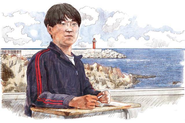 산불로 집을 잃은 중학생 임지호군이 경북 영덕군 영해면의 중학교 교실에 앉아 불에 탄 고향마을을 떠올리고 있다. 일러스트=신동준 기자