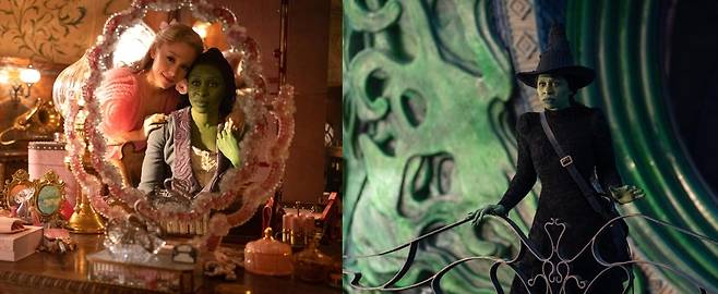 영화 <위키드> 스틸컷.  뮤지컬 배우 신시아 에리보가 초록색 피부를 가진 마녀 ‘엘파바’를, 팝스타 아리아나 그란데가 아름다운 단짝 친구 ‘글린다’를 연기했다. 유니버설픽쳐스 제공