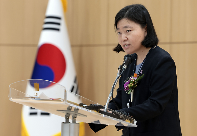 임은정 서울동부지검장이 지난 4일 서울 송파구 서울동부지검에서 열린 취임식에서 취임사를 하고 있다. 연합뉴스