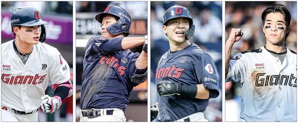 후반기 복귀할 윤동희(왼쪽부터) 손호영은 김민성 김동혁 등과 출전 기회를 두고 경쟁을 벌일 전망이다.  롯데 자이언츠 제공