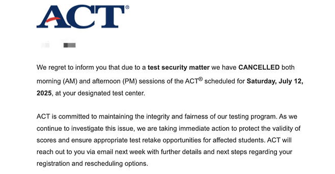 ACT 시험 취소 안내 메일 / 사진 = 시청자 제보