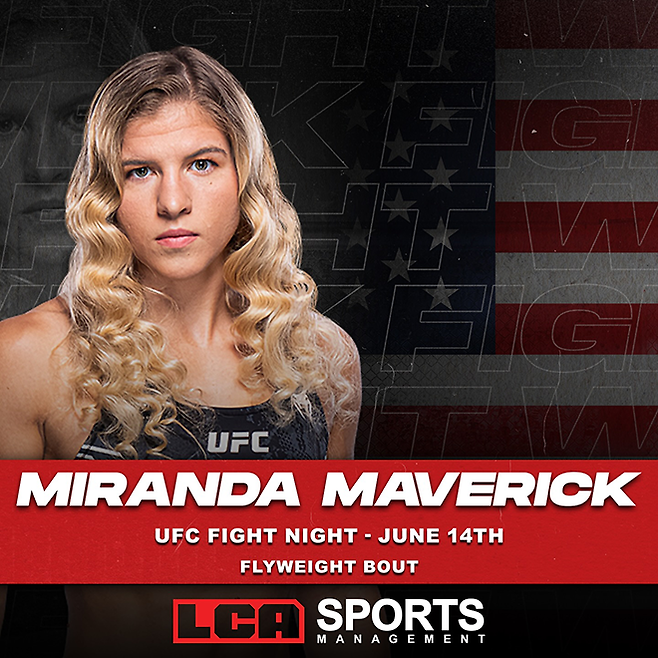 미국 노스캐롤라이나주 그린빌 LCA Sports Management는 2025년 6월 출전한 UFC 여자 플라이급 공식랭킹 12위 출신 미란다 매버릭을 관리하고 있다. 사진@lcasportsmanagement