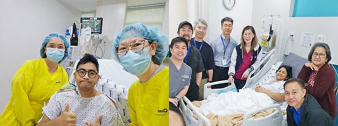 (좌) 한국 의료진에게 생명을 선물 받은 프란츠 아렌 바바오 레예즈 씨가 ‘한국 의료 최고’라 외치며 두 손 모두 엄지를 치켜세운 사진을 전달해왔다. (우) 생체 간이식 수술을 받은 모자의 가족들이 한국 의료진에게 감사함을 전하기 위해 마카티병원에 찾아왔다. 왼쪽 두 번째가 김기훈 서울아산병원 간이식·간담도외과 교수.