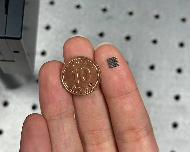 동전 크기와 비교한 연구팀이 개발한 초소형 센서 시제품.[GIIST 제공]