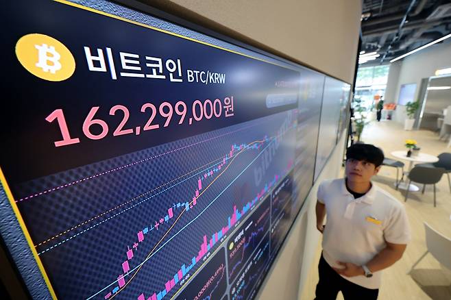 미 의회의 ‘크립토 위크’(crypto week)를 앞두고 거침없는 상승세를 이어간 가상화폐 대장주 비트코인이 12만 달러를 돌파한 후 12만달러 선에서 등락을 거듭하고 있다. 크립토 위크를 앞둔 지난주 후반부터 비트코인은 상승세가 가팔라지면서 연일 사상 최고가를 갈아치웠다. 일주일간 10% 이상 상승했다. 사진은 지난 14일 서울 서초구 빗썸라운지 강남 본점 현황판에 비트코인 시세  [연합]