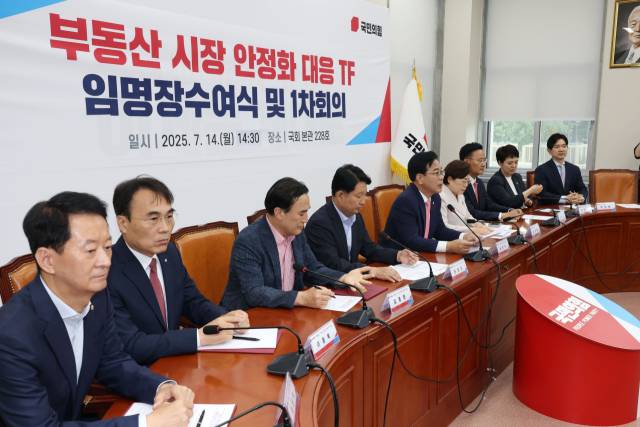 송언석 국민의힘 비상대책위원장 겸 원내대표가 14일 오후 서울 여의도 국회에서 열린 부동산 시장 안정화 대응TF 임명장수여식 및 1차 회의에서 발언하고 있다. 뉴스1