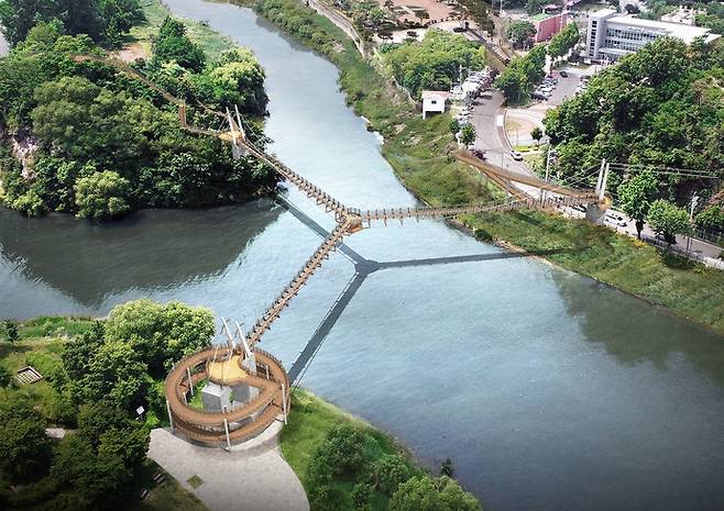 민선 8기 전진선 양평군수가 양평읍 관광자원화 프로젝트로 추진하고 있는 대하섬-거북섬·떠드렁섬-양감섬을 연결하는 Y자형 출렁다리 조감도. 사진=양평군