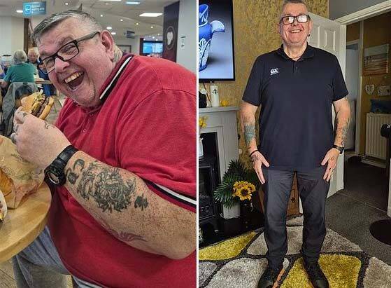 의자가 부러질 정도로 체중이 불어났던 사이먼의 과거(왼쪽)과 살을 뺀 뒤 모습. [사진=SNS]