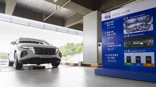 차량이 바닥에 설치된 ‘하부 스캔 장비’를 통과하여 차량의 하체 상태를 정밀 점검하고 있다. SK렌터카 제공