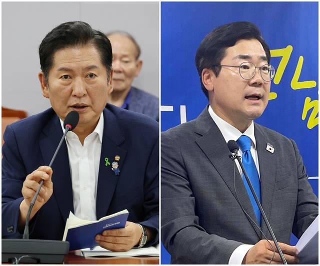 더불어민주당 차기 당 대표 선거에 출마한 현역 4선 의원 정청래(왼쪽) 전 최고위원과 3선 박찬대(오른쪽) 전 원내대표.<연합뉴스 사진>