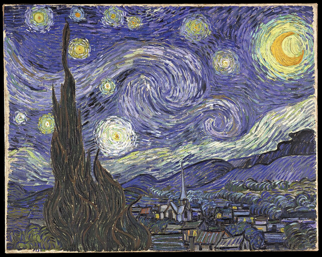 빈센트 반 고흐, ‘별이 빛나는 밤’(The Starry Night). 캔버스에 유채. 너비 92.1x높이 73.7cm.  1889년. 뉴욕 현대미술관(MoMA) 소장.