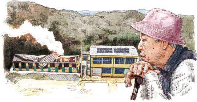 산불로 불타버린 47년 역사의 대곡초등학교를 김연대가 바라보고 있다. 일러스트=신동준 기자