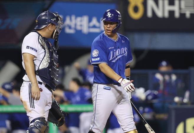 양의지와 강민호는 프로 데뷔 20년 차 이상에도 포수 마스크를 쓰고 있다. 사진=삼성 라이온즈 제공