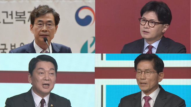 사진 왼쪽 위부터 시계방향으로 조경태 국민의힘 의원·한동훈 전 국민의힘 대표·김문수 전 국민의힘 대선 후보·안철수 국민의힘 의원