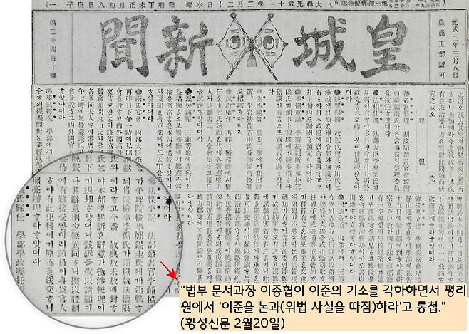 그러나 법부 문서과장 이종협은 이 기소장을 각하하면서 오히려 “이준의 위법사실을 논하는 것이 옳다”고 평리원에 통첩했다. 이에 평리원은 이준 검사를 체포했다.