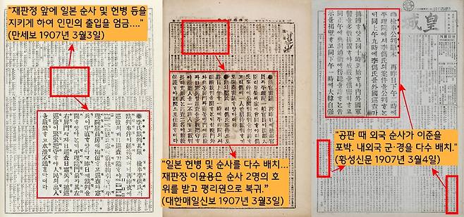 “재판정 앞에 일본 순사와 일본 헌병 등을 지키게 하여 인민의 출입을 엄금했고, 일본 순사가 이준을 포박하고 법정에 들어왔으며, 재판장 이윤용이 순사의 호위를 받고 평리원으로 복귀했다”는 등의 기사가 봇물을 이룬다.