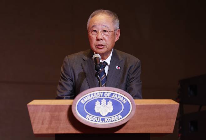 류진 한국경제인협회 회장(풍산그룹 회장)이 16일 서울 중구 롯데호텔에서 열린 한일 국교정상화 60주년 기념 행사에서 발언하고 있다. [연합]