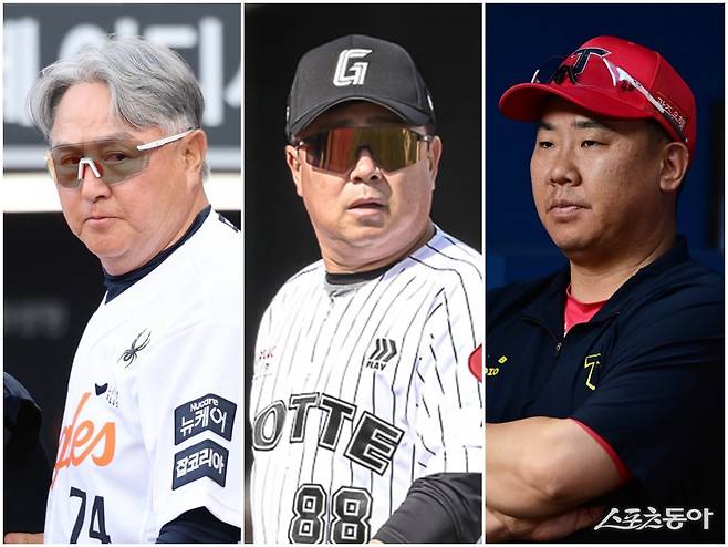 한화, 롯데, KIA의 쫓고 쫓기는 싸움이 흥미롭게 전개되고 있다. 김경문 한화 감독, 김태형 롯데 감독, 이범호 KIA 감독(왼쪽부터)이 후반기에는 먹이사슬 관계를 뒤바꿀 수 있을지 주목된다. 사진제공|한화 이글스·롯데 자이언츠·KIA 타이거즈