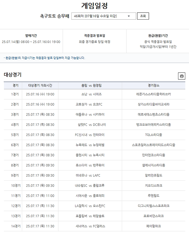 축구토토 승무패 46회차 J리그 및 미국 메이저리그사커(MLS) 등 총 14경기 정보.